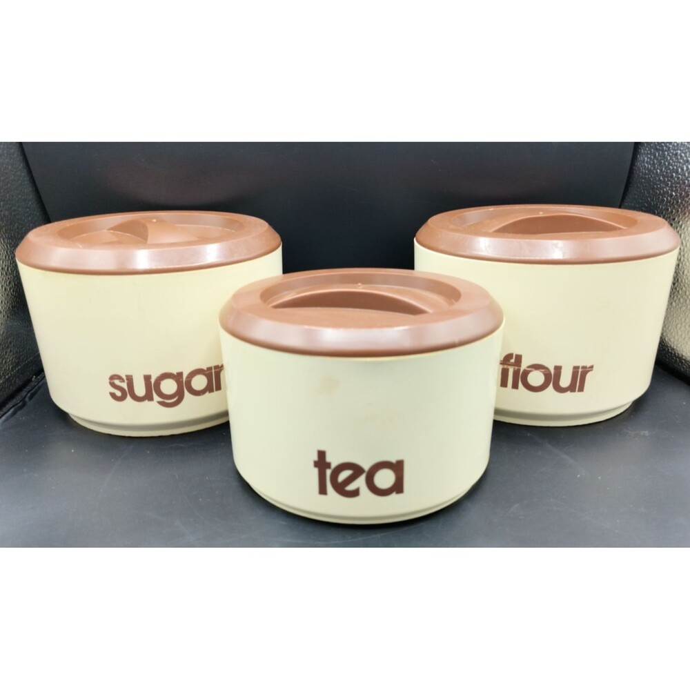 Vintage Sterilite 3 Piece 70s Canister Set Flour Sugar Tea Brown Plastic Lidded